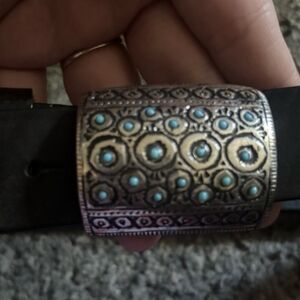 Nordstrom Black Leather Belt with Turquoise Accents